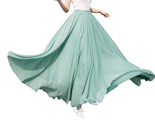 Damen Elegant Chiffon Lang Rock Hohe Taille Fließender Röcke A-Linie Boho Maxirock Strandrock Faltenrock Hochzeit Skirt (Einheitsgröße Hellgrün 1)