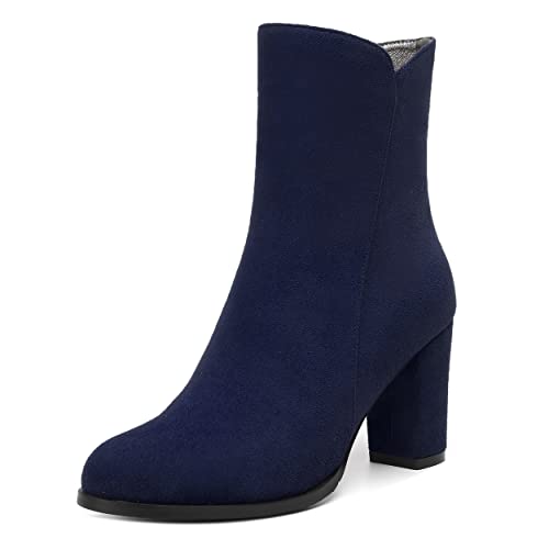 MERRORI Womens Round Toe Office Suede Zip Booties Work Casual Chunky High Heel Zip High Boots 3.3 Inch