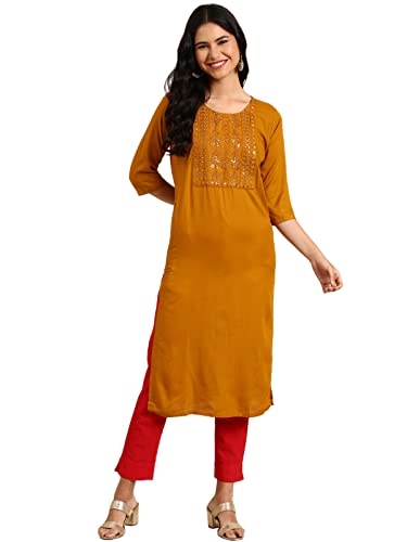Image of SHOWOFFFF Women Solid Straight Ethnic Kurta | Round Neck 3 /4th Sleeves Cotton Kurta for Womens | Regular Fit Calf Length Kurta for Women's