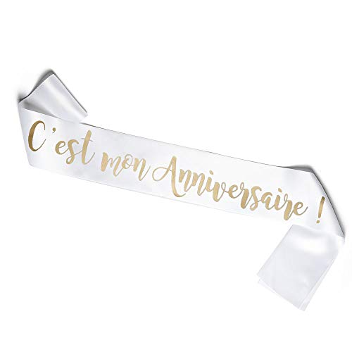 OLILLY - Écharpe C'est mon Anniversaire – Blanche Satinée avec Inscription Dorée – Accessoire Festif – Idée Cadeau Originale (C'est mon anniversaire)
