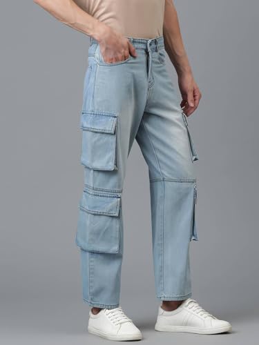 Image of KOTTY Men's Loose Fit Cargo Denim Jeans - Vintage Washed Utility Jeans with Side Pockets