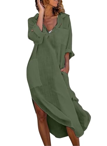 chouyatou Women's Spring Summer Cotton Linen Shirt Dress Button