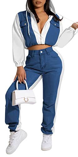 Mintsnow Womens Sexy Demin Patchwork 2 Piece Jumpsuits Long Sleeve Zipper Up Hooded Crop Coat Joggers Pants Tracksuits White Xl #TOP23