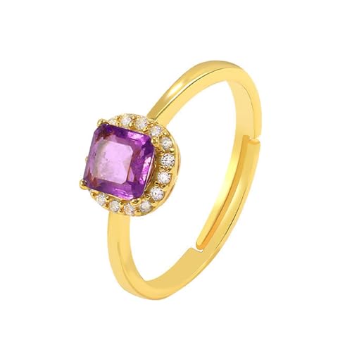 Tolldek Anillo de compromiso de oro real de 9 K/14 K, abierto, ajustable, anillo de pareja de oro Au375/585, anillo de boda con amatista y moissanita, lila, corte cuadrado, oro real, talla 47-62, Oro