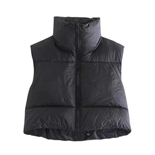 adawd Damen Kurze Daunenweste - Ärmellose, Kurze Weste mit Kragen - Leicht und bequem, warme Winter-Outfits, Daunenweste mit Reißverschluss und Stehkragen, Schwarz, S Cover