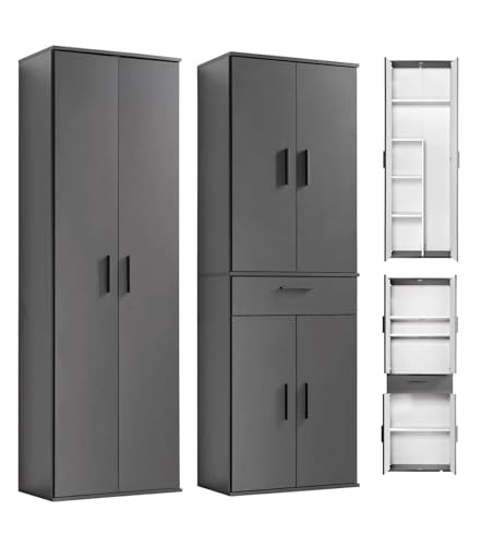 mokebo Mehrzweckschrank Set 2-teilig 'Die Allzweckwaffe', Schrank-Set mit Mehrzweckschrank & Besenschrank in Anthrazit-Schwarz, nutzbar als Aktenschränke, Büroschränke oder Allzweckschränke
