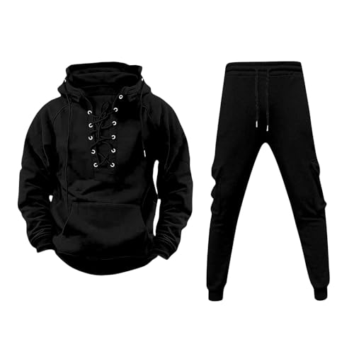 RUMAOZIA Chándal de algodón de 2 piezas para hombre, chándal de manga larga, estampado de letras, sudadera con capucha suelta y pantalones de chándal casual atlético, traje deportivo, O negro., XL