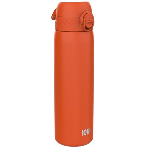 Ion8 Lightweight Steel Water Bottle 600 ml/20 oz Non-Insulated Leak Proof Easy to Open Secure Lock Dishwasher Safe Flip Cover Fits Cup Holders Carry Handle Metal Water Bottle Hearty Orange