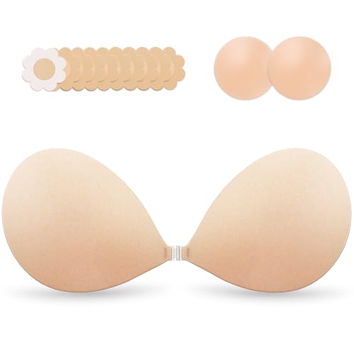 Invisible Strapless Sticky Bra Push up for Women, Ultra Adhesive Bra for Backless Dress, Cleavage Bra Lift with Pasties Kit (C Cup, Beige)