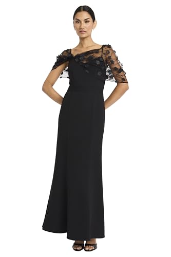 Maggy London Women's Empire Waist V-Back Formal Gown-Sheer Floral Applique Overlay-Evening Maxi Dress