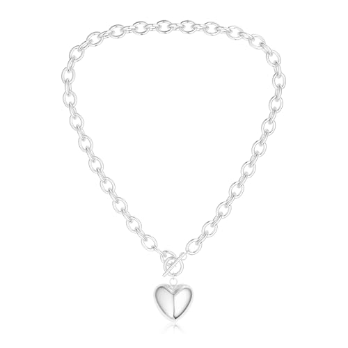 Freekiss Toggle Necklaces for Women with Heart: Chunky 925 Sterling Silver Choker Lover Pendant Necklace for Women Trendy Dainty Hypoallergenic Paperclip Necklace Womens Jewelry Gifts