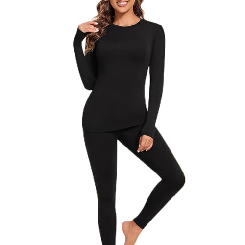 YOOJ Thermal Underwear Set for Women Johns with Fleece Lined Long Sleeve Shirt Legging Lounge Set Cold Weather Top Bottom Cycling Skiing Training Hiking Outdoor Sports (Black XL)