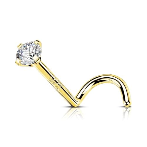 OUFER 925 Sterling Silver Nose Studs, Bone L Screw Shaped Nose Rings, 20G Nostril Solid 2mm Round CZ Nose Piercing Jewelry for Women Men-Screw Shaped Gold