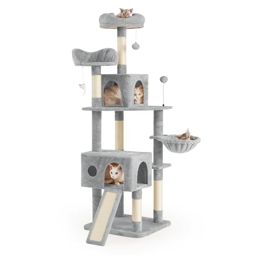 AIFY キャットタワー 大型猫用 多頭飼い 省スペース スリム 据え置き 安定強化構造 抗菌 消臭 ハンモック付き 隠れ家付き 爪とぎ 見晴らし台 おもちゃ付き 運動不足解消 高さ170cm