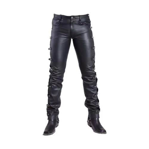 Men's Black Stylish Side Buckle Leather Biker Pant