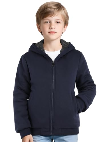 Boys Fleece Lined Jacket Kids Winter Warm Sherpa Hoodie Jacket with Pockets Full Zip Winter Outdoor Coat