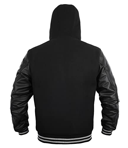 Image of Deckra Men's Varsity Jacket Genuine Leather Sleeve and Wool Blend Letterman Boys College Varsity Jackets with Hood XXS-5XL