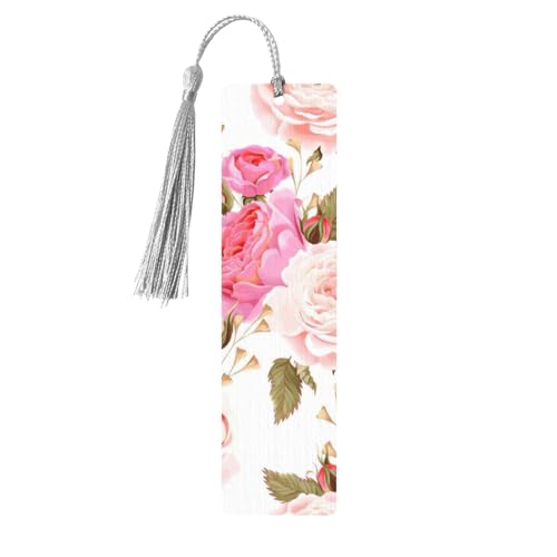 フローラルフラワーローズピンクプリント タッセル付き木製ブックマーク 読書ページマーカー ブックマーク 男性女性へのギフトに