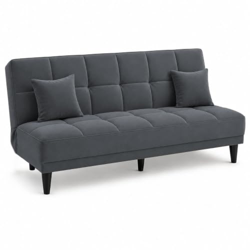 Image of Adorn India Alyssum 3 Seater Sofa Cum Bed 4X6 Velvet 2 Cushions (Color Grey) and Suitable for All Indoor, with 3 Years Warranty