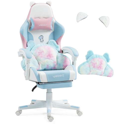 Silla de gaming linda con orejas y cojines Kawaii, silla ergonómica para juegos de ordenador para niñas con soporte lumbar y reposapiés, cómoda silla para videojuegos para adolescentes (azul rosa)