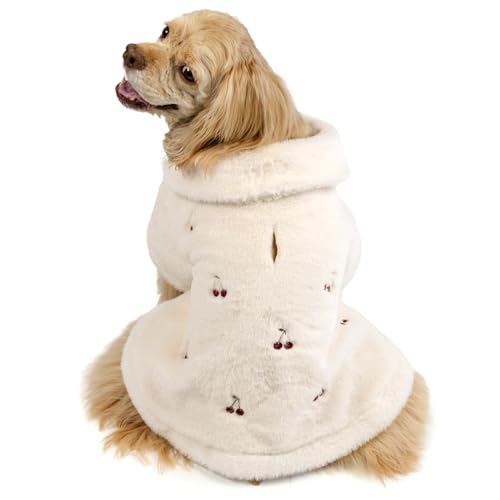 ペットパラダイス 犬 服 冬 チェリー柄 ポンチョ あたたかい 防寒 ボア ホワイト 中型犬 【参考 SM 柴犬 ビーグル (〜13kg) ペットパラダイス国内直営店72店舗展開2025/10/1時点】