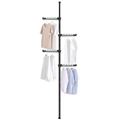Hershii Telescopic Clothing Rack for Hanging Clothes Laundry Tension Pole 4 Tiers Coat Tree Garment Drying Stand Floor to Ceiling Corner Storage Organizer Holder for Indoor, Balcony - Black