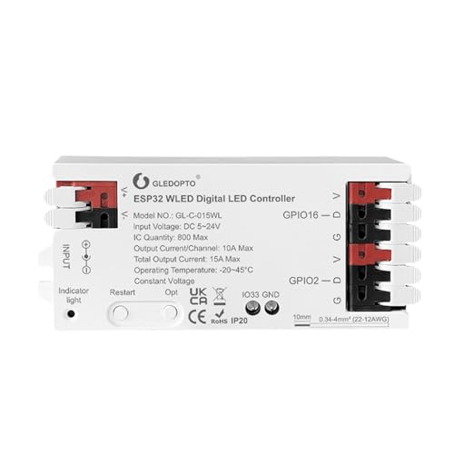 GLEDOPTO ESP32 WLED LED Strip Controller Dynamic RGB IC IO33 DIY Port App Control Easy Wiring Terminal for WS2811 WS2812 SK6812 TM1814 WS2813 WS2815 FCOB Addressable Strip Light