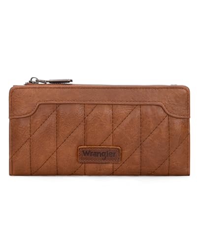 Image of Wrangler Brown Quilted Wallets for Women Slim Bifold Wallet Women RFID Wallets, Card Cases & Money Organizers Ladies Female Minimalist Travel Wallet with Smooth Zippers