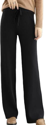 DSAoTeng Pantalones de punto de lana para mujer, cintura alta, pierna ancha, elegantes, casuales, suaves, holgados, para oficina, invierno, Negro, XL