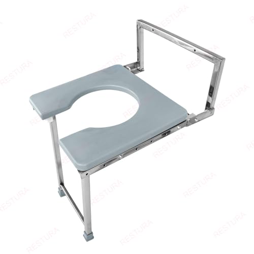 Image of Foldable Wall Mounted Commode Chair for Elderly & Disabled | Stainless Steel Bathroom Stool for Indian Toilet | Wall Mounted Shower Chair | Folding Bathroom Seat