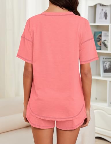 Image of KCW Pajamas for Women Set 2 Piece 100% Cotton Lounge Sets Short Sleeve Top and Shorts Pj Set Sleepwear Outfits