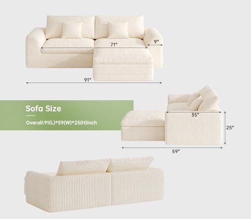 Image of Boneless Couch 91 inch Cloud Sofa 3-Seater Sectional Couches for Living Room, L-Shape Sofa with Ottoman, Comfy Flannel Fabric Oversized Loveseat Recliner Lounge Chaise with 2 Throw Pillow (Beige)
