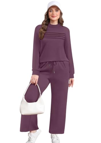 Image of WIHOLL Two Piece Sets for Women Fall Travel Vacation Outfits 2026 Long Sleeve Lounge Sets Side Slit Wide Leg Pants XS-3XL