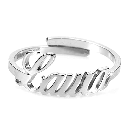 Flowers Anello Donna Con Nome in Acciaio inossidabile, Scritta Nome in Corsivo. Misura regolabile (Laura)