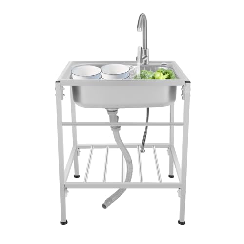 Fregadero de acero inoxidable 60 × 45 cm con grifo para agua caliente y fría, fregadero independiente con estante y patas ajustables en altura, para cocina, taller, exterior y más