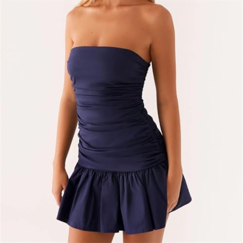 Women's Ruched Tube Top Vintage Holiday Strapless Sleeveless Slim Fit Flare Dress4