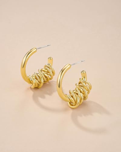 18K Gold Chunky Curve Twisted Knot Open Hoop Statement Stud Earrings for Women by SNGIA, Handmade Dangly Spiral C Shaped Braided Formal Trendy Huggies Hoops Jewelry Gifts, Teardrop Circle Geometric Shell Beachy Summer Vacation Fashion Hanging Earrings Accessories, Vintage Retro Thick Bohemian Nickle Free Circular Sun Dangle Earrings.3