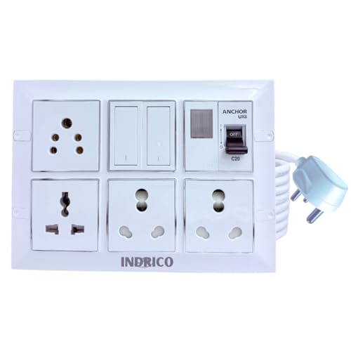 Image of INDRICO 16amps Multi Socket Extension AC Switch Board 15amp with MCB 20A 15A 6A Multi Outlet Box Plug with Copper Cord Heavy Duty Wall Mounted White Pack of 1 (5 Meter 4MM (5000W))