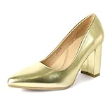 J. Adams Jolie Heels for Women - Black Faux Mid Block Heel Pumps - Gold Metallic - 6