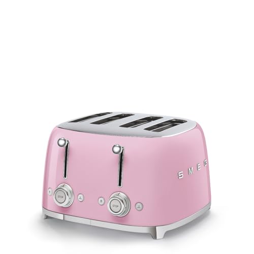 Image of SMEG 4 Slice Toaster TSF03, Retro Stainless-Steel Toaster with Wide Slots for Bagels, 6 Browning Levels, Defrost Reheat Bagel Functions, Dual Controls, Crumb Trays, 1800W - TSF03PKUS - Pink