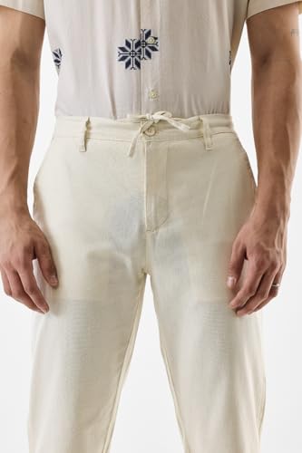 Image of SNITCH Men Casual Trousers | Slim Fit Mid Rise Textured Design | Cotton Linen Blend & Breathable Fabric for Summer & Street Wear
