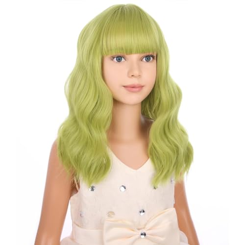 Image of PATTNIUM Olive Green Wig for Kids Child Short Curly Wavy Green Wig Matcha Green Wigs Girls Shoulder Length Synthetic Wigs