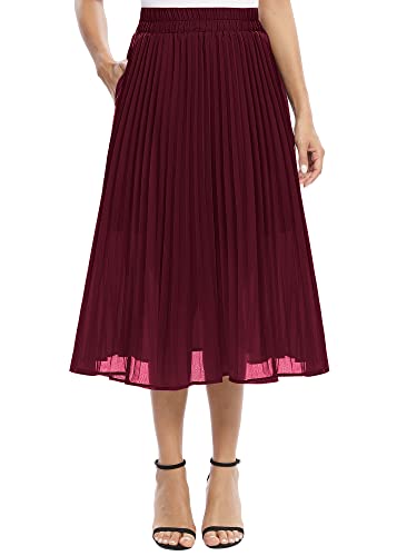 EXCHIC Damen Fließender Chiffon Elastisch Taille Midi Rock Freizeit A-Linie Knielange Falten Rock mit Tasche (XL, Weinrot)