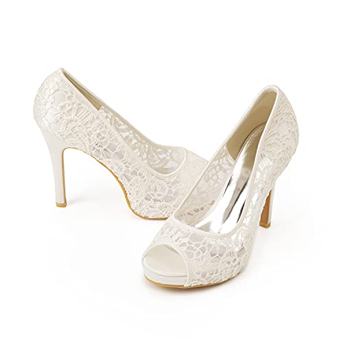 Women's Lace Stiletto High Heels Peep Toe Platform Sandals Slip On Wedding Pumps Bride Dress Shoes, 4 Inch4