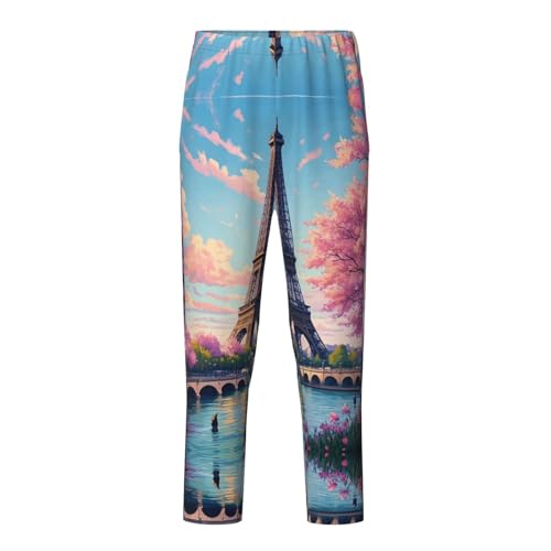 Pajama Pants Pajama Bottoms with Elastic Waistband Sleepwear Lounge PantsEiffel Tower Cherry Blossom Print