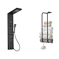BWE Shower Panel Rainfall Waterfall with Handheld Shower Matte Black 6 IN 1 Stainless Steel Shower Bundle with Tower Racks for Bathroom,Wall Mounted Bathroom Towel Storage,304 Stainless Steel