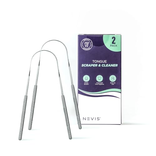 NEVIS Tongue Scraper, Prevent Bad Breath and Tonsil Stones, Improve Oral Hygiene, Fight Coated Tongue, Tonsillolith & Bacteria, Medical Grade Stainless Steel, 2 Pack