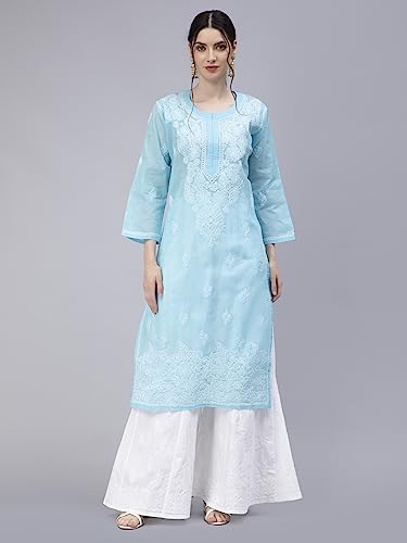 Image of Seva Chikan Hand Embroidered Lucknowi Chikankari Cotton Kurta Kurti for Women SCL4316
