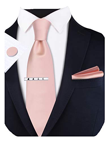 GUSLESON Mens Rose Gold Tie set Silk Ties for Men Solid Necktie Handkerchief Cufflinks Tie Clip with Gift Box (6101-23)