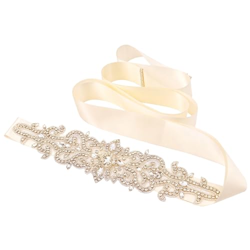 Adjustable Satin Ribbon Corset Belt For Weddings, Rhinestone & Pearl Bridal Waistband, 98 X 1.6 In